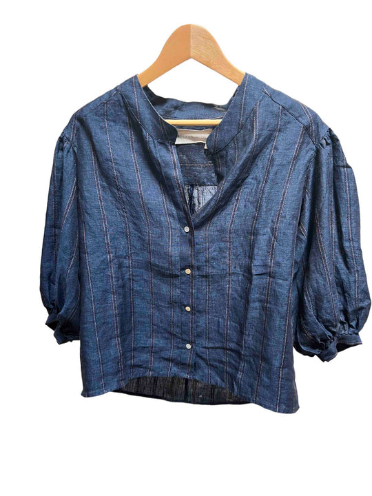 Road to Nowhere Clothing - Women's Edith Linen Blouse SS24: S / Indigo Stripe